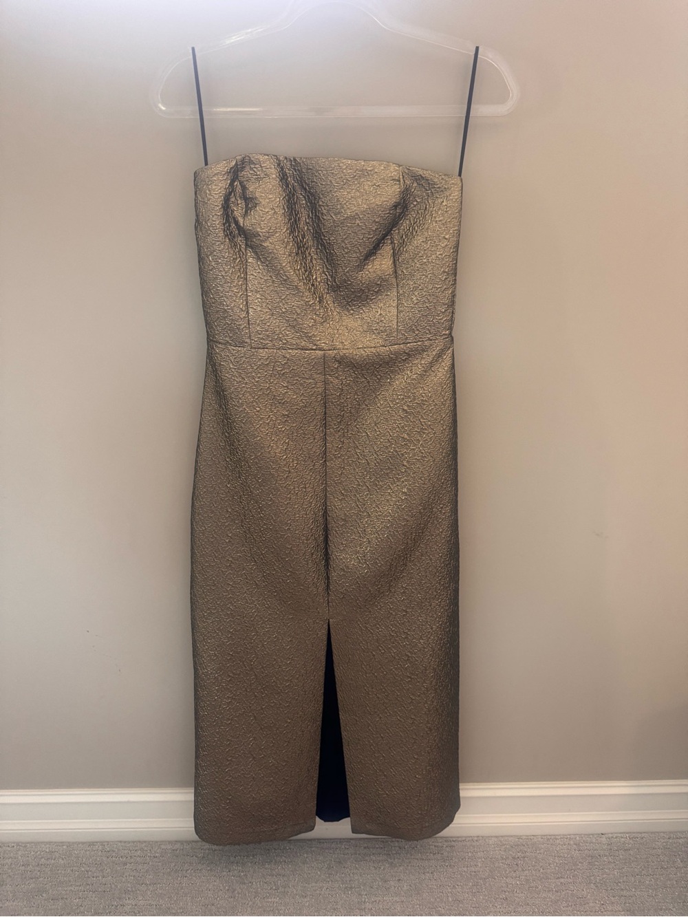 Abercrombie & Fitch Strapless Metallic Bronze Midi Dress with Front Slit